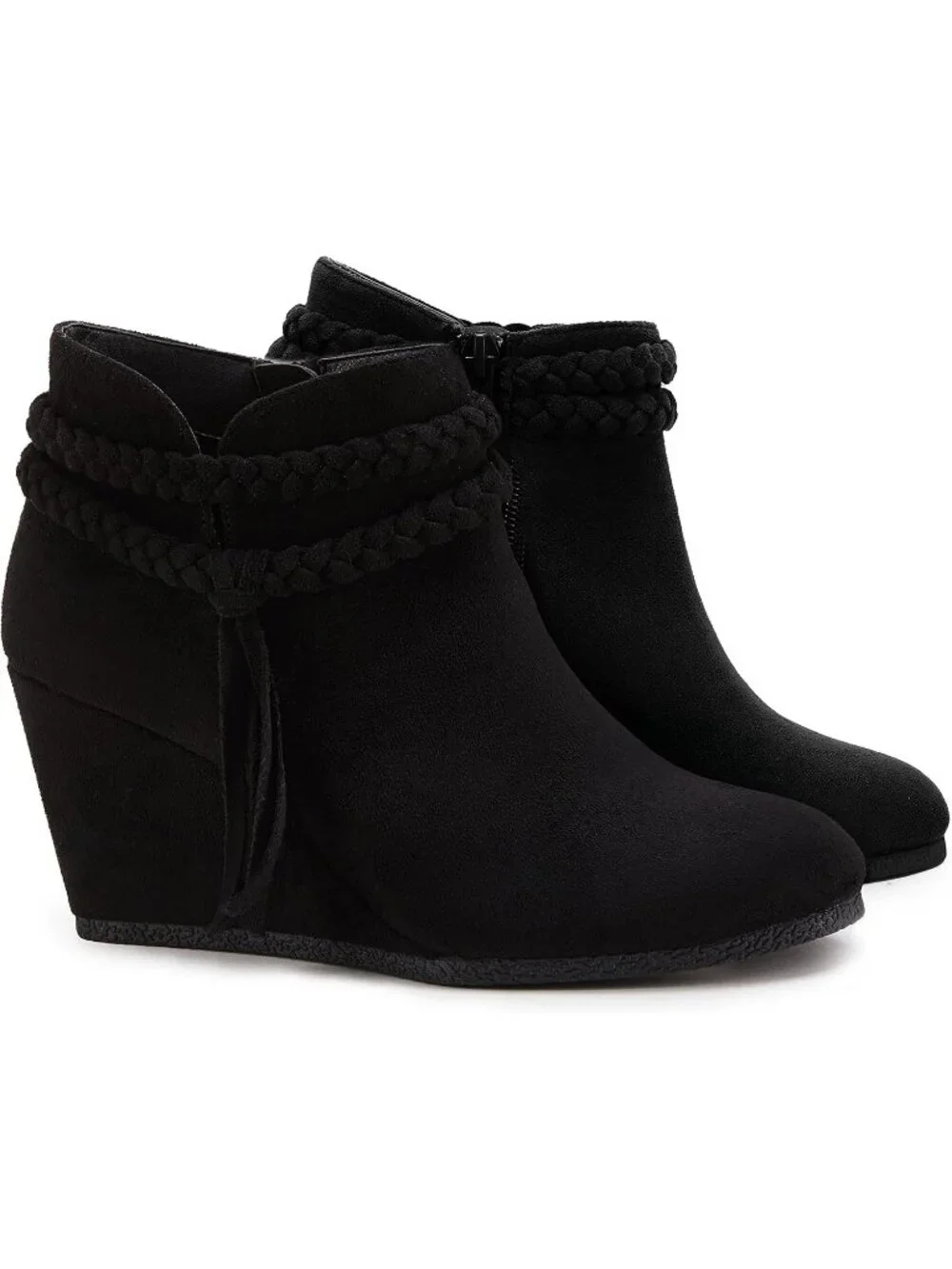 Women's Black Braided Fringe Strap Western Heeled Fall Booties Dress Shoes